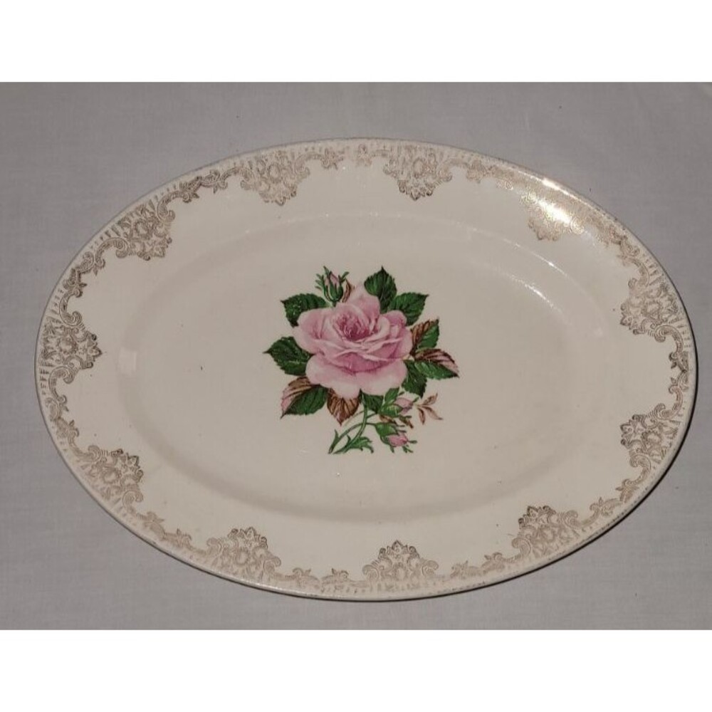 Vintage Paden City Pottery 22K Gold Rose Floral Oval Serving Platter 1930s USA